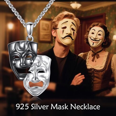 Comedy and Tragedy Masks Necklace 925 Sterling Silver Theater Mask Pendant Necklaces Drama Masks Jewelry Gifts for Women Men in Kuwait