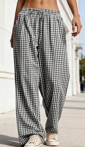 Striped Gingham Pants Women Fall Pajamas Cute Wide Leg Pj Lounge Boxer Bottoms Drawstring Y2k Trousers with Pocket in Saudi Arabia