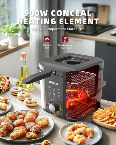 minca 1500W Electric Deep Fryer, 3 Liter Immersion Frying Basket with Heat-insulated Foldable Handle, Removable Lid with Odor Filter and Viewing Window, Adjustable Temperature, Stainless Steel in Saudi Arabia