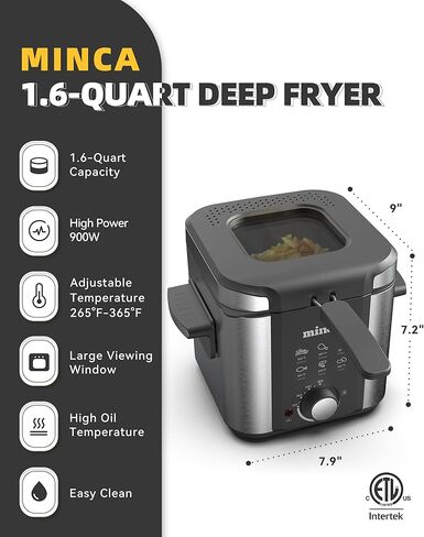 minca 1500W Electric Deep Fryer, 3 Liter Immersion Frying Basket with Heat-insulated Foldable Handle, Removable Lid with Odor Filter and Viewing Window, Adjustable Temperature, Stainless Steel in Saudi Arabia