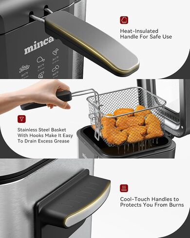 minca 1500W Electric Deep Fryer, 3 Liter Immersion Frying Basket with Heat-insulated Foldable Handle, Removable Lid with Odor Filter and Viewing Window, Adjustable Temperature, Stainless Steel in Saudi Arabia