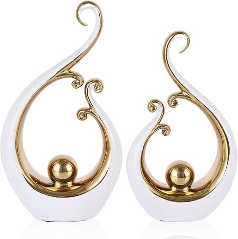DOVDOV White and Gold Home Decor, Abstract Ceramic 2-Piece Sculpture Set, Modern mid-Century Art Statues, Perfect for Accent Tables, countertops, Coffee Tables, and entryway Decor. in Saudi Arabia