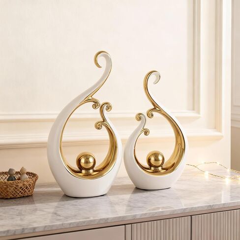 DOVDOV White and Gold Home Decor, Abstract Ceramic 2-Piece Sculpture Set, Modern mid-Century Art Statues, Perfect for Accent Tables, countertops, Coffee Tables, and entryway Decor. in Saudi Arabia