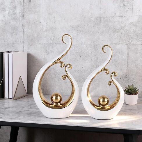 DOVDOV White and Gold Home Decor, Abstract Ceramic 2-Piece Sculpture Set, Modern mid-Century Art Statues, Perfect for Accent Tables, countertops, Coffee Tables, and entryway Decor. in Saudi Arabia