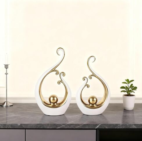 DOVDOV White and Gold Home Decor, Abstract Ceramic 2-Piece Sculpture Set, Modern mid-Century Art Statues, Perfect for Accent Tables, countertops, Coffee Tables, and entryway Decor. in Saudi Arabia