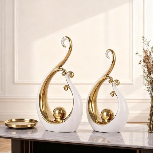 DOVDOV White and Gold Home Decor, Abstract Ceramic 2-Piece Sculpture Set, Modern mid-Century Art Statues, Perfect for Accent Tables, countertops, Coffee Tables, and entryway Decor. in Saudi Arabia