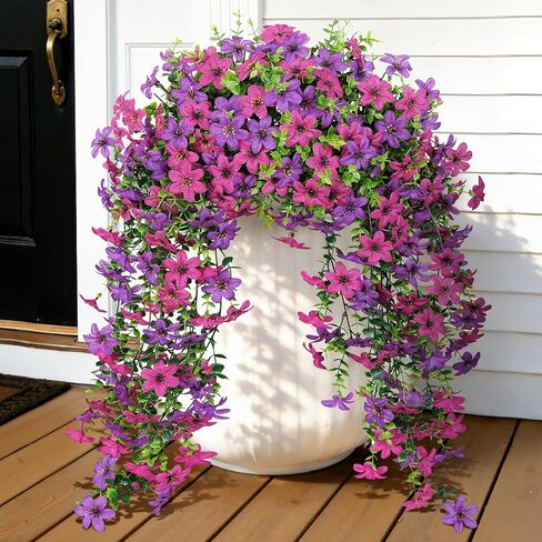 Roberly 4 قطع زهور صناعية معلقة للخارج، زهور حرير صناعية واقعية مقاومة للأشعة فوق البنفسجية ونباتات خضراء زائفة لربيع وصيف حديقة الشرفة الداخلية والخارجية ديكور المنزل، أرجواني in Kuwait