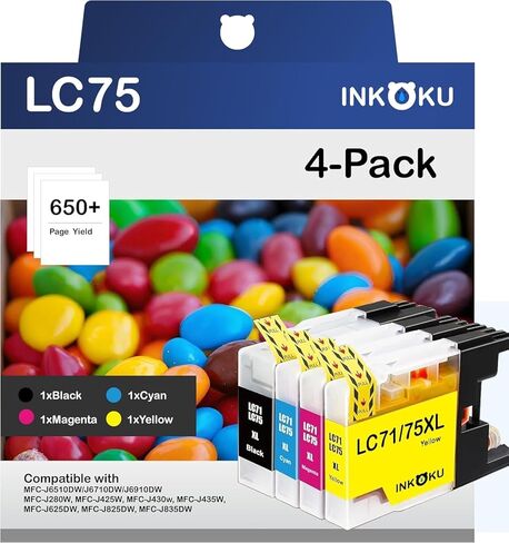 خرطوشة حبر LC75 متوافقة مع طابعات Brother LC75 LC71 LC79 XL، تعمل مع طابعات Brother MFC-J6510DW J6710DW J6910DW J280W J425W J430W J835DW (أسود، سماوي، أرجواني، أصفر، 4 عبوات) in Kuwait