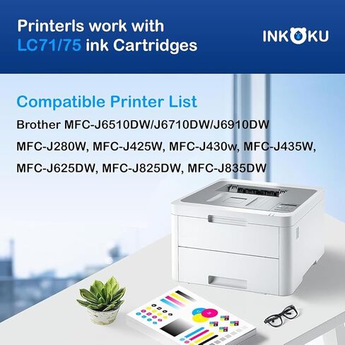 خرطوشة حبر LC75 متوافقة مع طابعات Brother LC75 LC71 LC79 XL، تعمل مع طابعات Brother MFC-J6510DW J6710DW J6910DW J280W J425W J430W J835DW (أسود، سماوي، أرجواني، أصفر، 4 عبوات) in Kuwait