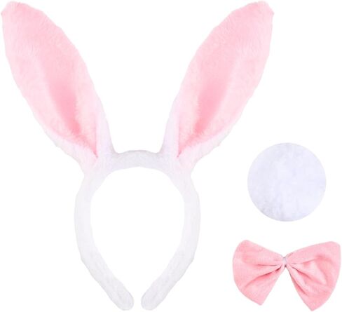 3-Piece Bunny Costume Set Plush White Pink Rabbit Ears Headband with Bow Tie Tail for Adults Easter Halloween Party Costume Accessories in Kuwait