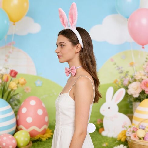 3-Piece Bunny Costume Set Plush White Pink Rabbit Ears Headband with Bow Tie Tail for Adults Easter Halloween Party Costume Accessories in Kuwait