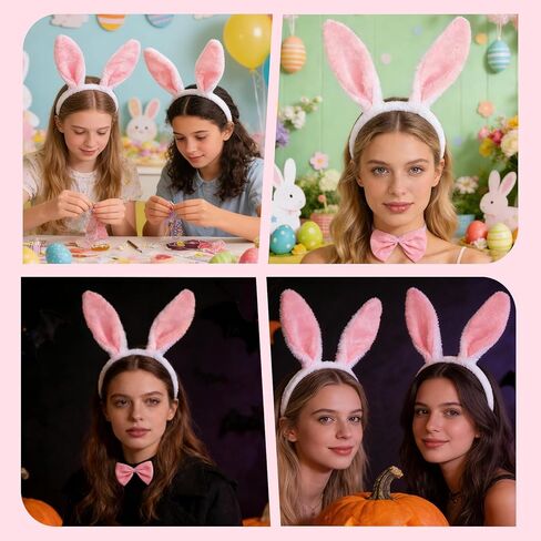 3-Piece Bunny Costume Set Plush White Pink Rabbit Ears Headband with Bow Tie Tail for Adults Easter Halloween Party Costume Accessories in Kuwait