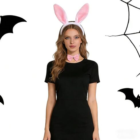 3-Piece Bunny Costume Set Plush White Pink Rabbit Ears Headband with Bow Tie Tail for Adults Easter Halloween Party Costume Accessories in Kuwait