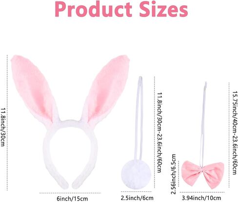3-Piece Bunny Costume Set Plush White Pink Rabbit Ears Headband with Bow Tie Tail for Adults Easter Halloween Party Costume Accessories in Kuwait