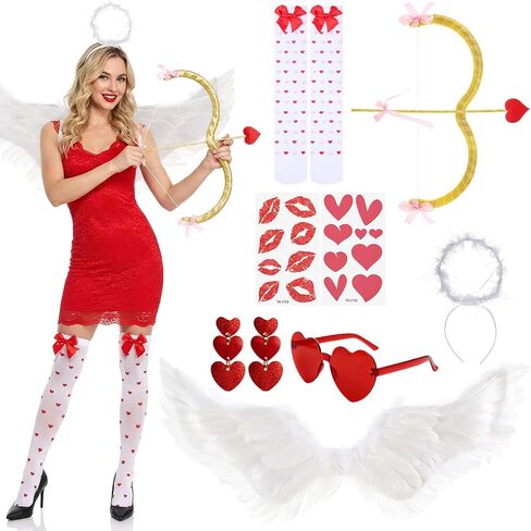 JATEBI 9 Pcs Cupid Costume Set Cupid Dress Up Bow and Arrow Bow High Stockings Heart Sunglasses Earrings for Women Valentines Halloween Cosplay Wedding Party Supplies in Kuwait
