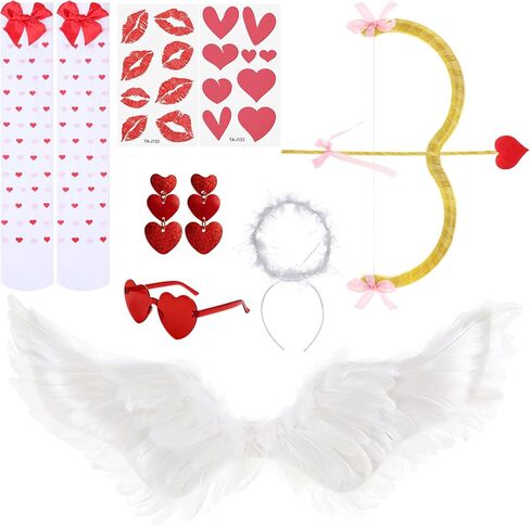 JATEBI 9 Pcs Cupid Costume Set Cupid Dress Up Bow and Arrow Bow High Stockings Heart Sunglasses Earrings for Women Valentines Halloween Cosplay Wedding Party Supplies in Kuwait