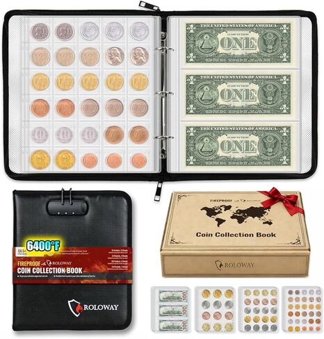 ROLOWAY Coin Collection Book 6400℉ Heat Insulated, 360 Pockets Fireproof Coin Book Holder and 36 Paper Currency Album with Aluminum Foil Layer, Money Saving Coin Collector Book with Lock (Black) in Kuwait