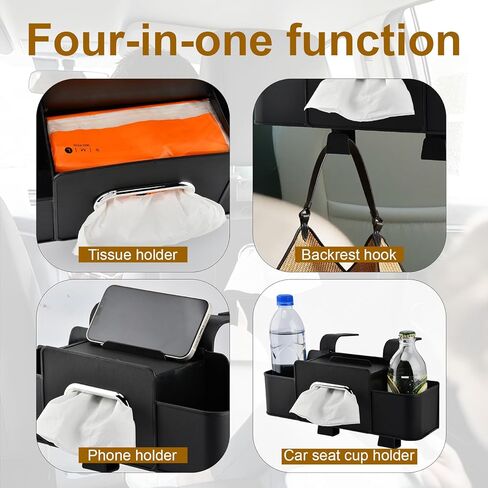 4-in-1 Back Seat Car Organizer with Extra Large Capacity, 2 Cup Holders, Tissue Box Dispenser & Storage Hook for Phone, Snacks, Toys(Black) in Kuwait
