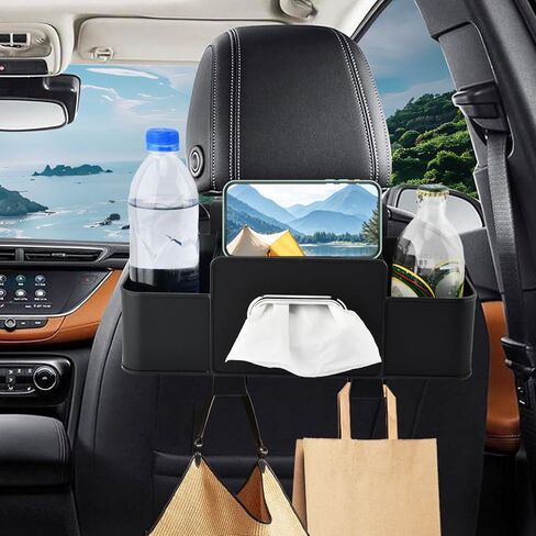 4-in-1 Back Seat Car Organizer with Extra Large Capacity, 2 Cup Holders, Tissue Box Dispenser & Storage Hook for Phone, Snacks, Toys(Black) in Kuwait