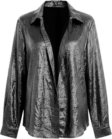 JOFOW Women's Silk Satin Shirts V Neck Button Down Long Sleeve Casual Blouses Business Work Office Blouse in Saudi Arabia