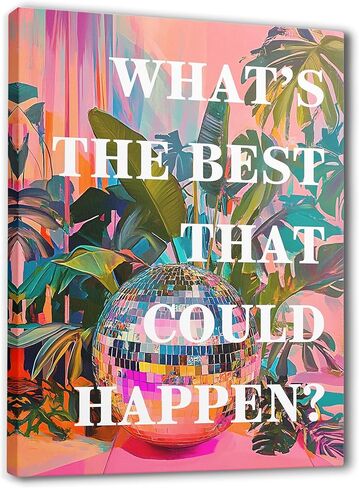 JWVK What's the Best that Could Happen Sign Canvas Wall Art Prints, Eclectic Home Decor, Trendy Funky 70s Retro Disco Ball Inspirational Positive Wall Decor Posters for Home Office, 11x14 Inch Framed in Kuwait