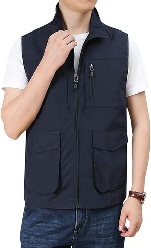 Hixiaohe الرجال عادية خفيفة الوزن في الهواء الطلق سترة العمل الأسماك صور السفر سترة جولف زمم جاكيت بلا إكمام مع جيوب in Kuwait