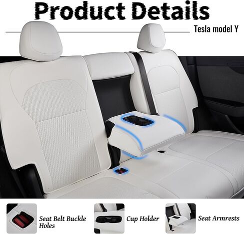 Premium White Nappa Leather Seat Covers for Tesla Model Y Juniper 2025 - Full Set with Airbag Safety & Non-Slip Design in Kuwait