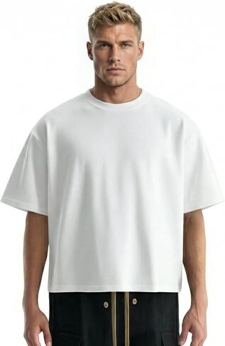 Boxy Tees for Men Cropped T Shirt – Heavyweight Cotton Oversized Drop Shoulder Streetwear Tee in Saudi Arabia