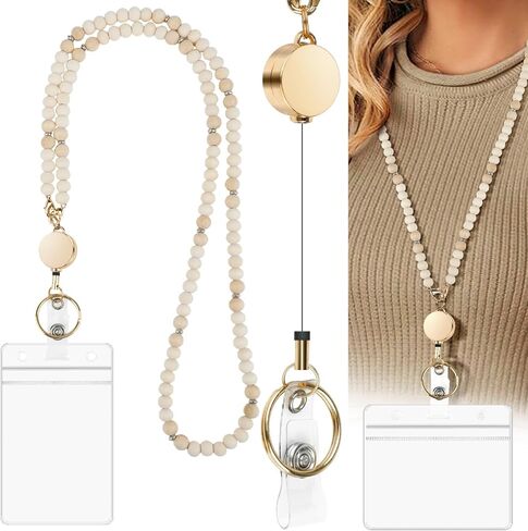 Retractable Teacher Lanyard with Badge Holder & Reelsfor ID Badges & Keys,Cute Natural Wooden Beaded Keychain Lanyard for Women Nurses Office with 2 Waterproof Card Holders in Kuwait