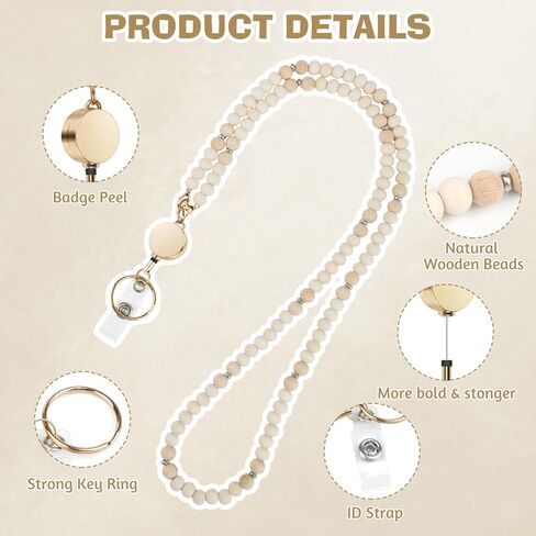 Retractable Teacher Lanyard with Badge Holder & Reelsfor ID Badges & Keys,Cute Natural Wooden Beaded Keychain Lanyard for Women Nurses Office with 2 Waterproof Card Holders in Saudi Arabia