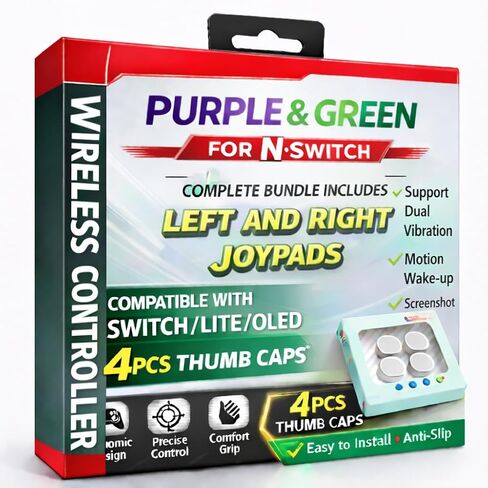 3-IN-1/Pack Joypads Controller, Wireless Gamepad for N-S Consoles, with Wrist Straps, Protective Case & Joystick Caps, Support /Dual Vibration/Motion/Wake-up/Screenshot. [Purple & Green]. in Kuwait