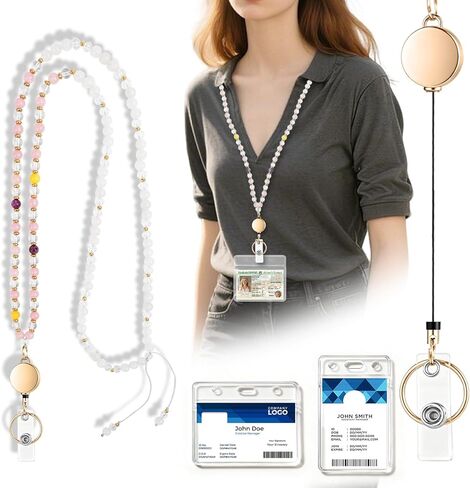 Retractable Teacher Lanyard with Badge Holder & Reelsfor ID Badges & Keys,Cute Natural Wooden Beaded Keychain Lanyard for Women Nurses Office with 2 Waterproof Card Holders in Saudi Arabia