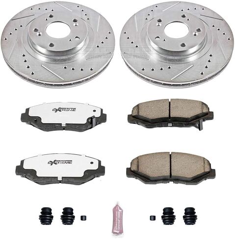 PowerStop Front Brake Kit For Acura ILX 2013-15 |Honda Civic 2012-15 |CR-V 2005-06 - Carbon Fiber Ceramic Brake Pads + Drilled & Slotted Rotors Upgrade, K3055-26 in Saudi Arabia