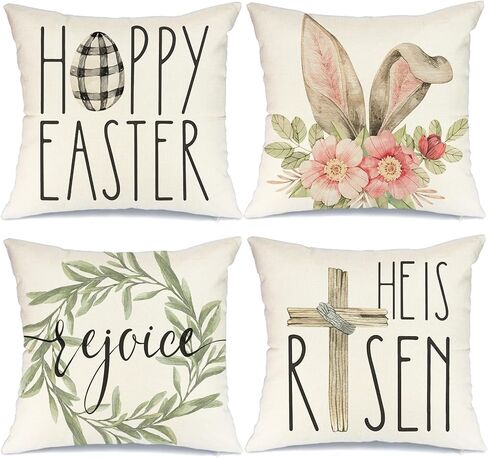GEEORY Easter Pillow Covers - 18x18 Set of 4 Decorative Throw Pillows for Home - He is Risen Floral Bunny Buffalo Plaid Eggs Spring Farmhouse Decor in Kuwait