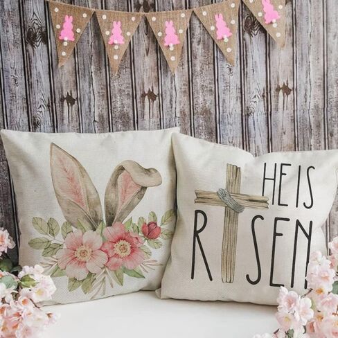 GEEORY Easter Pillow Covers - 18x18 Set of 4 Decorative Throw Pillows for Home - He is Risen Floral Bunny Buffalo Plaid Eggs Spring Farmhouse Decor in Kuwait