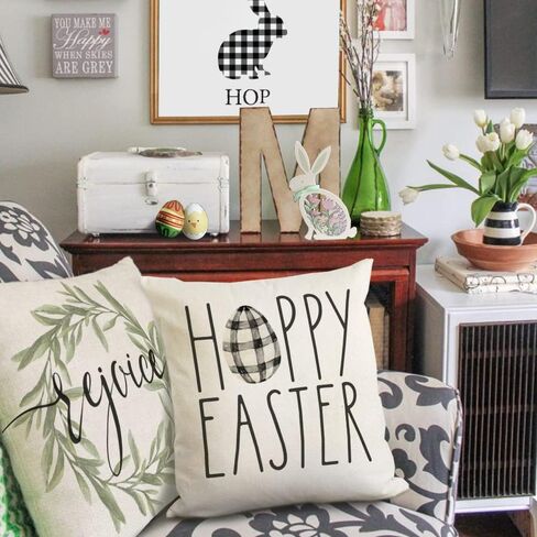 GEEORY Easter Pillow Covers - 18x18 Set of 4 Decorative Throw Pillows for Home - He is Risen Floral Bunny Buffalo Plaid Eggs Spring Farmhouse Decor in Kuwait