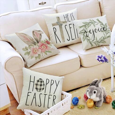 GEEORY Easter Pillow Covers - 18x18 Set of 4 Decorative Throw Pillows for Home - He is Risen Floral Bunny Buffalo Plaid Eggs Spring Farmhouse Decor in Kuwait
