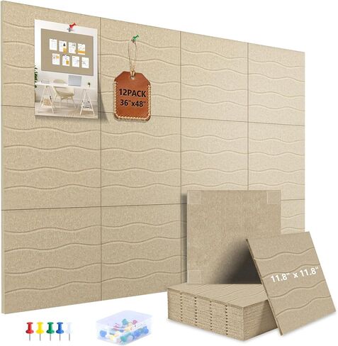 AKONEGE Large Felt Bulletin Board 48" x 36" Cork Board Alternative for Walls, 12 Pack Wavy Grain Felt Wall Tiles with 70 Adhesive Tabs & 20 Push Pins, Pin Boards for Office Home Decor, Black in Kuwait