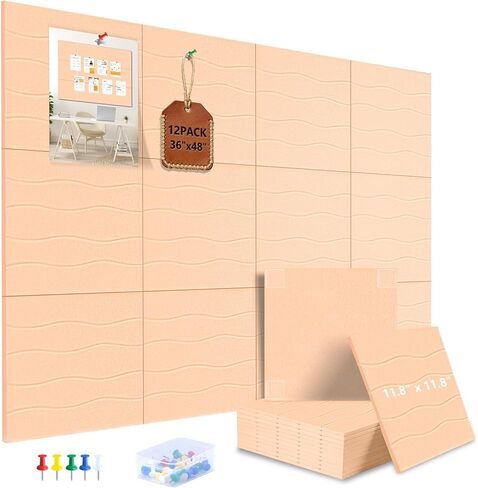 AKONEGE Large Felt Bulletin Board 48" x 36" Cork Board Alternative for Walls, 12 Pack Wavy Grain Felt Wall Tiles with 70 Adhesive Tabs & 20 Push Pins, Pin Boards for Office Home Decor, Black in Saudi Arabia