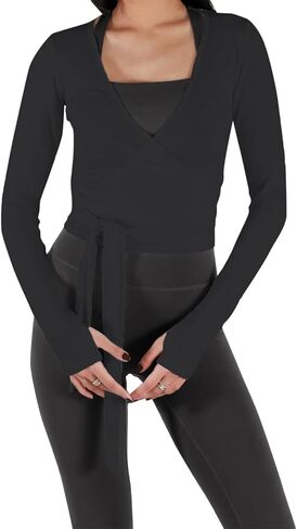 Women's Wrap Yoga Tops Solid Stylish Deep V Neck Long Sleeve Ballet Workout Sports Active Tops in Kuwait