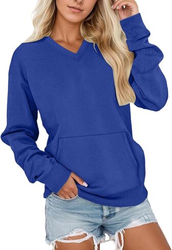 V Neck Sweatshirt Women Hoodless Fleece Sweatshirts Oversized Comfy No Hood Y2k Soft Fall Winter Tops in Saudi Arabia