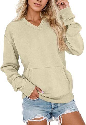 V Neck Sweatshirt Women Hoodless Fleece Sweatshirts Oversized Comfy No Hood Y2k Soft Fall Winter Tops in Saudi Arabia
