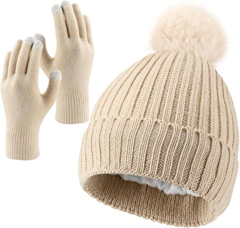 Geyoga Winter Hats and Gloves Set Knit Beanie Pom Hat with Warm Fleece Lining Touchscreen Gloves Skull Cap for Women Men in Saudi Arabia