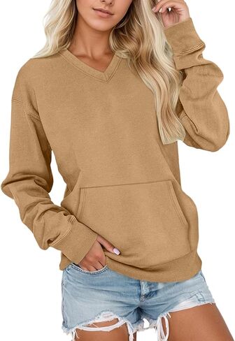 V Neck Sweatshirt Women Hoodless Fleece Sweatshirts Oversized Comfy No Hood Y2k Soft Fall Winter Tops in Saudi Arabia