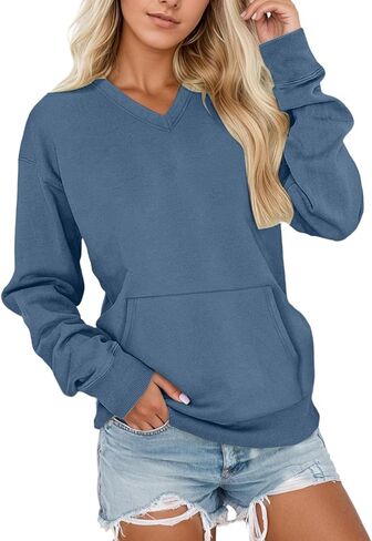 V Neck Sweatshirt Women Hoodless Fleece Sweatshirts Oversized Comfy No Hood Y2k Soft Fall Winter Tops in Saudi Arabia