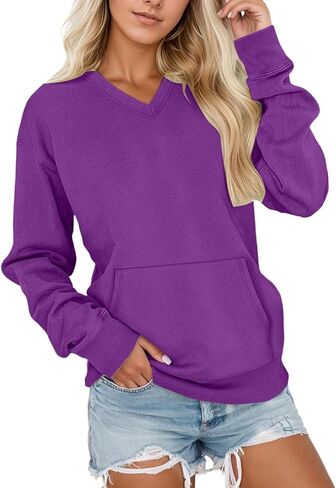 V Neck Sweatshirt Women Hoodless Fleece Sweatshirts Oversized Comfy No Hood Y2k Soft Fall Winter Tops in Saudi Arabia
