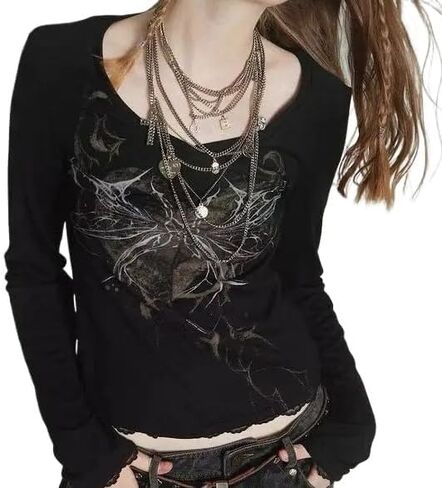 كنزات نسائية Y2K عتيقة برسومات قوطية وأكمام طويلة بقصة ضيقة 2000s ملابس الشارع الشهير سترة Alt غير رسمية in Kuwait