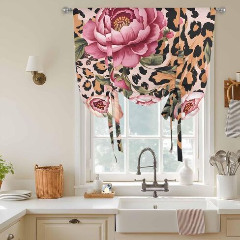 Pink Flowers Tie Up Curtains for Window, Leopard Spot Vintage Floral Country Plants Thermal Insulated Balloon Shade Adjustable Rod Pocket Curtains Valance Panels for Kitchen Bathroom Café 42'' x 45'' in Saudi Arabia