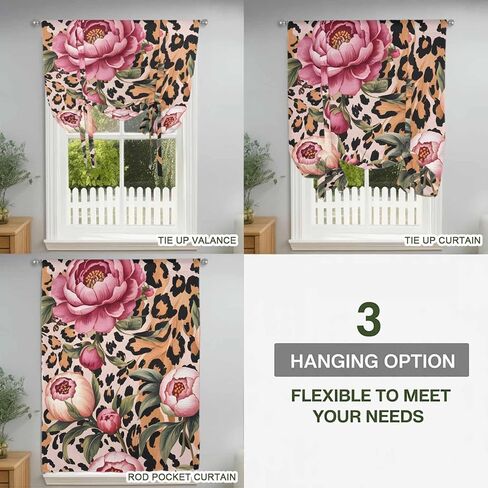 Pink Flowers Tie Up Curtains for Window, Leopard Spot Vintage Floral Country Plants Thermal Insulated Balloon Shade Adjustable Rod Pocket Curtains Valance Panels for Kitchen Bathroom Café 42'' x 45'' in Saudi Arabia
