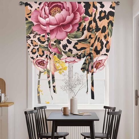 Pink Flowers Tie Up Curtains for Window, Leopard Spot Vintage Floral Country Plants Thermal Insulated Balloon Shade Adjustable Rod Pocket Curtains Valance Panels for Kitchen Bathroom Café 42'' x 45'' in Saudi Arabia